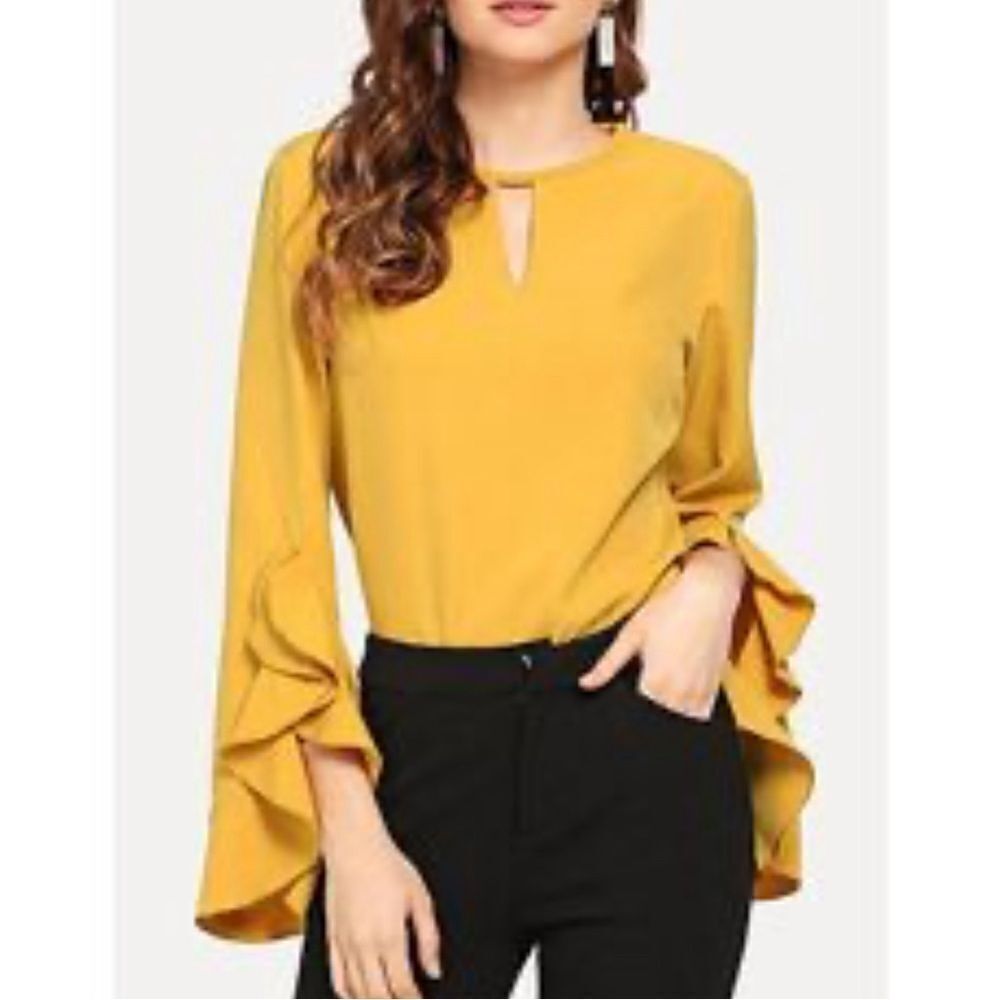C/MEO collective gossamer ruffled sleeve top feminine coquette chartreuse small